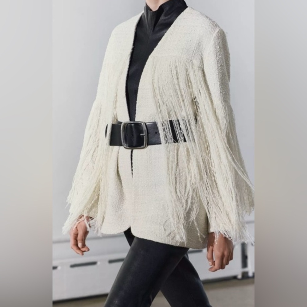 ZARA ZW Collection RARE Textured Fringe Jacket Wool Blend Size M NEW - Picture 12 of 15